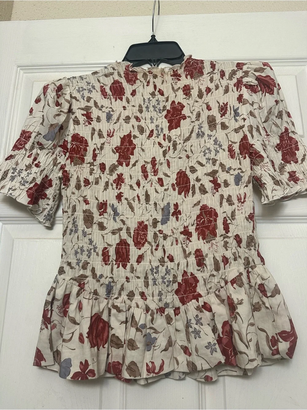 Smocked Peplum Floral Top in Cream and Red